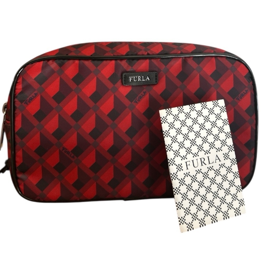 Furla Red & Black Geometric Toiletry Bag NWT Gift Ready Unisex travel pouch